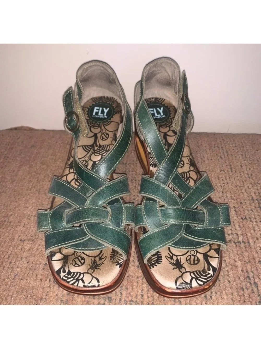 Fly London Teal Leather Wedge Sandals